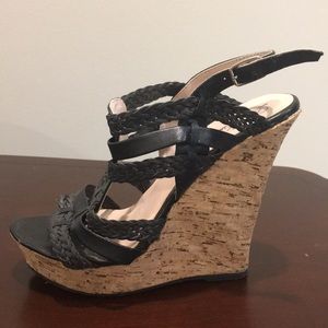 Strappy, Black & Cork Wedge Sandals Sz 6.5